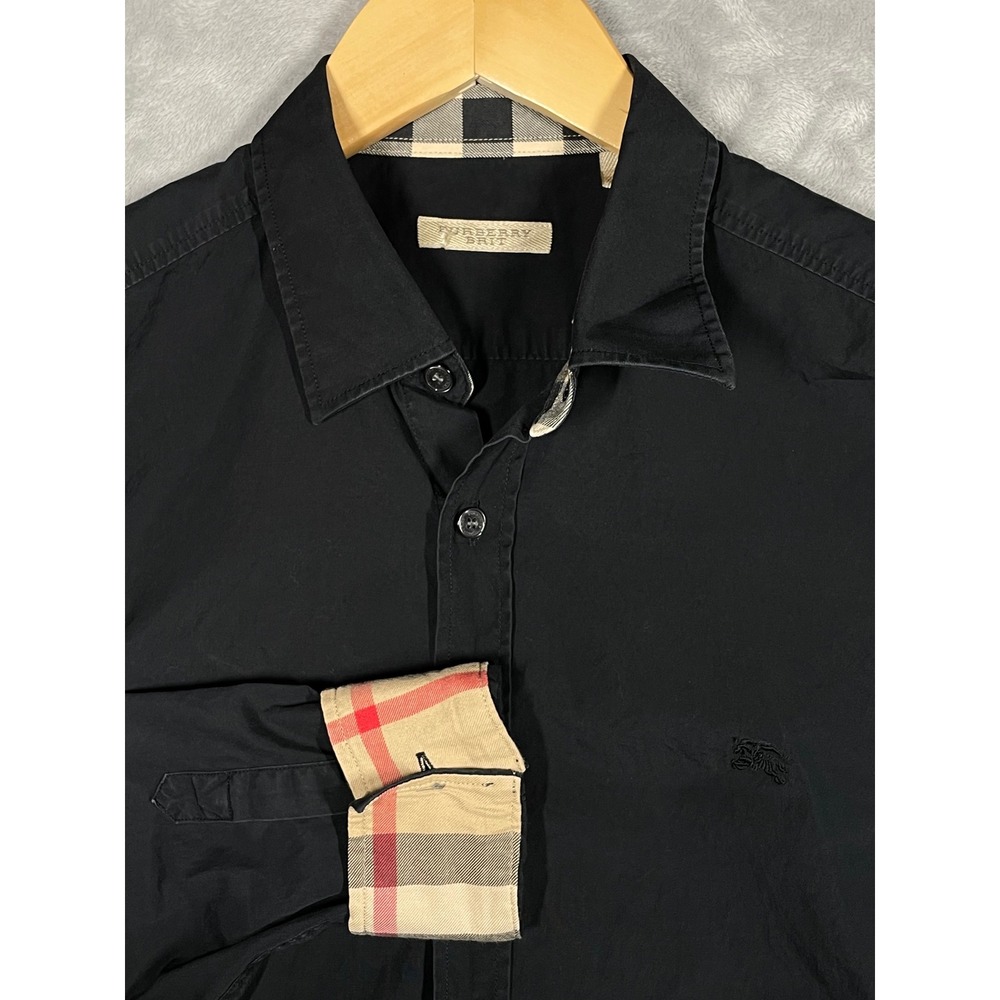 Burberry Brit Mens Black Nova Check Trim Long Sleeve Button Down Shirt Size M